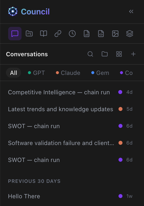 Council sidebar showing conversations synced from ChatGPT, Claude, and Gemini